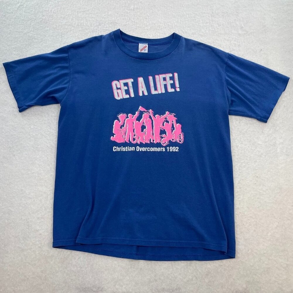 Jerzees Vintage 90s 1992 "Get a Life! Christian Overcomers" Graphic T-Shirt XL